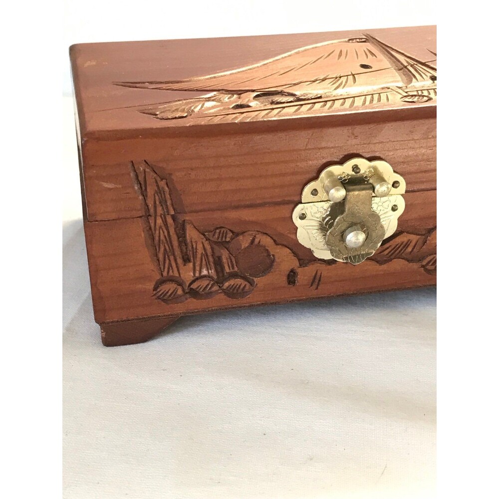 Wooden Jewelry Box with Carved Sailboat boat beach ocean trinket collectible - Picture 7 of 9